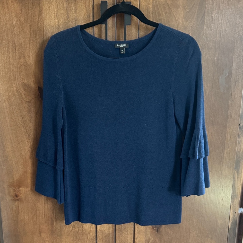 Talbots Dark Blue Ruffled 3/4 Sleeve Sweater